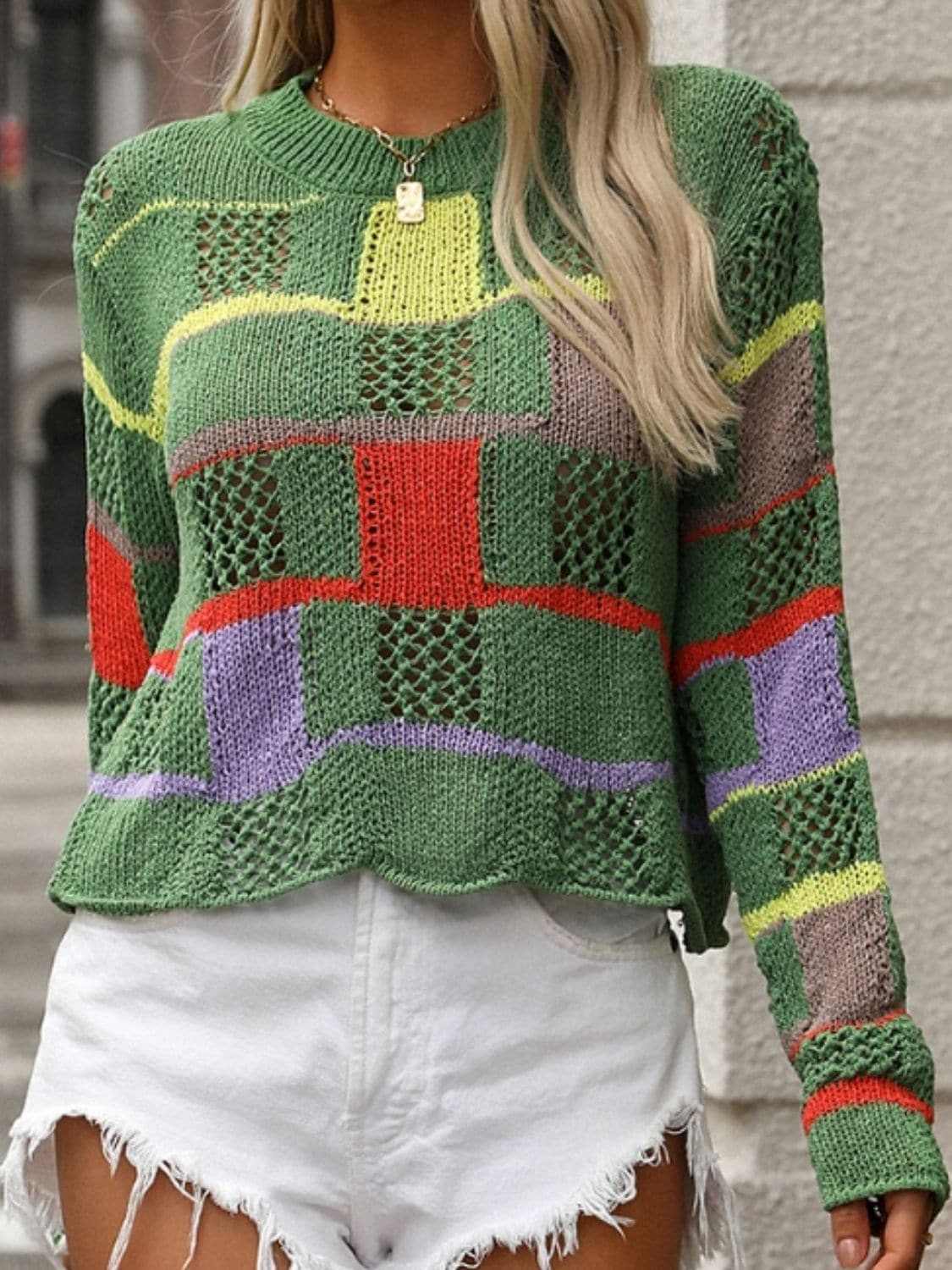 Colorful crochet round neck pullover - Love Salve